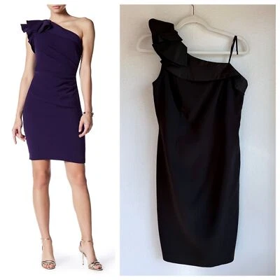 Vestido de Cóctel Colección Carmen Marc Valvo Un Hombro Volantes Marrón Chocolate Foto 1 de 4