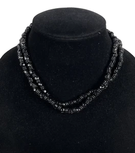 Antique Vintage Czech Black Jet Faceted Glass Double Strand Necklace 16" - Picture 1 of 4