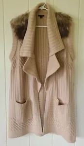 ANN TAYLOR Womens L Chunky Knit OpenFront Beige Long Sweater Faux Fur Shoulder - Picture 1 of 7