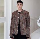 Men's Elegant Formal Fashion Youth Autumn Round Collar Tweed Jacket Loose Coats