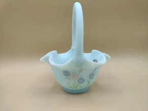 VNT Signed Fenton Basket Blue Satin/Burmese Coraline "Flower" W/Tag Hand Painted - Picture 1 of 10