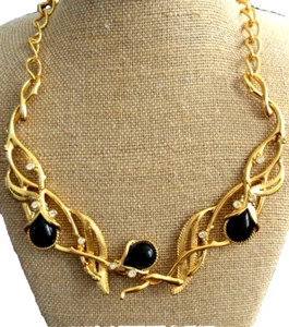 BARRERI FOR AVON Necklace Goldtone Metal STATEMENT Rhinestones Black Cabochons - Picture 1 of 9