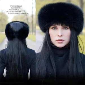 Womens Real Fox Fur Hat Russian Winter Warmer Ear Cap Ushanka Cossack Ski Black - Picture 1 of 17