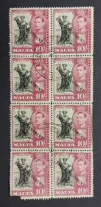 1948 Malta, 10s, 10/- SELF GOVERNMENT Ovpt. Block of 8 Cancelled - SG248 - Picture 1 of 4