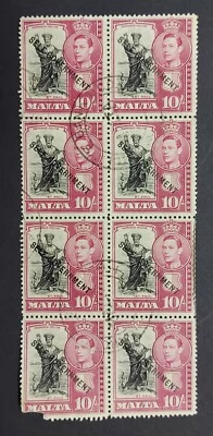 1948 Malta, 10s, 10/- SELF GOVERNMENT Ovpt. Block of 8 Cancelled - SG248 - Imagem 1 de 4