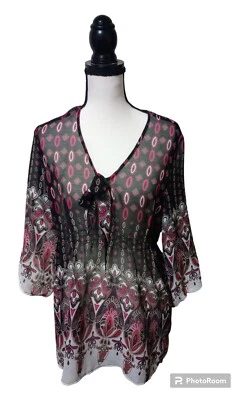 Túnica Coldwater Creek boho geométrica gola V transparente romântica média (10-12) - Imagem 1 de 4