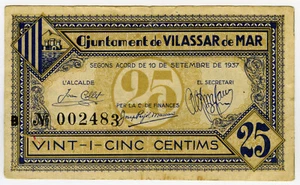 ☆ SPAIN CIVIL WAR 1937 • VILASSAR DE MAR 25 CENTS ☆ GUERRA CIVIL ESPAÑOLA ☆C5083 - Picture 1 of 2