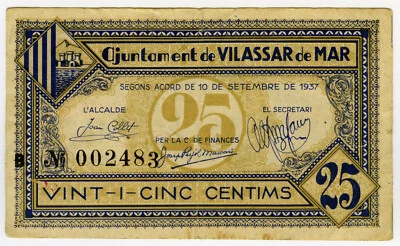 ☆ SPAIN CIVIL WAR 1937 • VILASSAR DE MAR 25 CENTS ☆ GUERRA CIVIL ESPAÑOLA ☆C5083 - Image 1 of 2