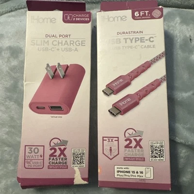 iHome Dual Port Slim Charge Type C & A PLUS 6 Ft Braided Type C Cable Pink - Image 1 of 4