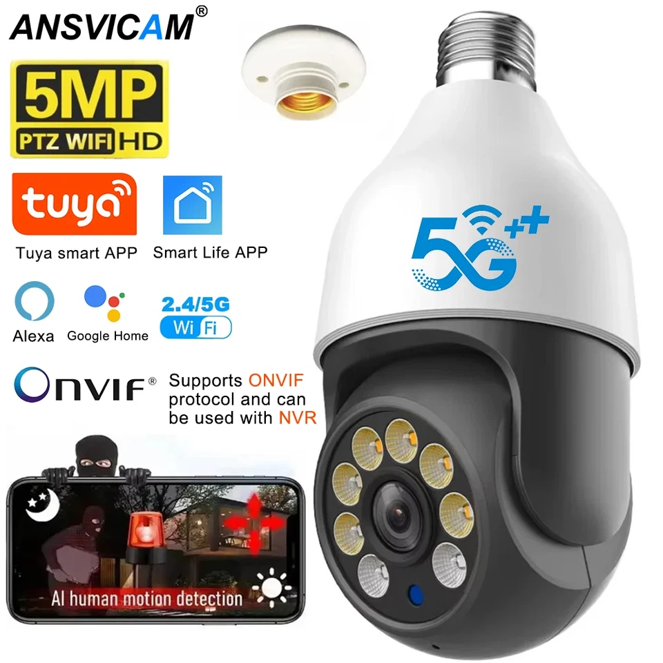 5MP 5G Bulb Camera E27 Wifi TUYA Smart Life PTZ IP CCTV Outdoor Night Vision  - Image 1 of 4