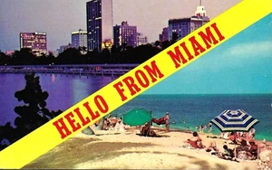Cartolina d'epoca, Ciao da Miami, Skyline al tramonto, spiagge, Florida, usata - Foto 1 di 2