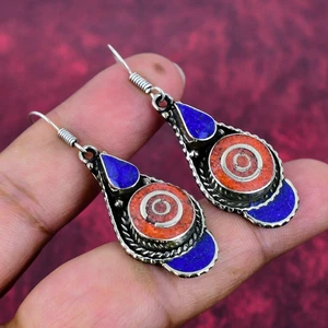 Coral & Lapis Lazuli Gemstone Handmade 925 Solid Silver Nepali Earrings Jewelry - Picture 1 of 4