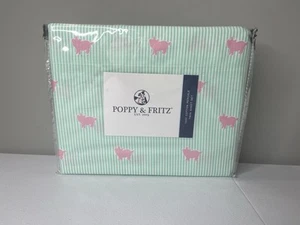 NIP Poppy & Fritz Crisp PINK PIGS Green Stripe Twin Bed Sheet Set - 100% Cotton - Picture 1 of 6
