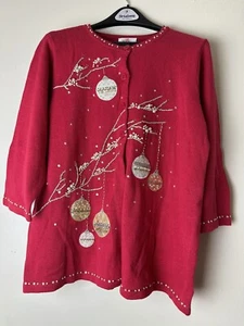 QUACKER FACTORY RED CHRISTMAS SWEATER PEARL ORNAMENTS EMBRODERED 3/4Sleeve SZ L - Picture 1 of 9