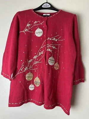 QUACKER FACTORY RED CHRISTMAS SWEATER PEARL ORNAMENTS EMBRODERED 3/4Sleeve SZ L - Image 1 of 4