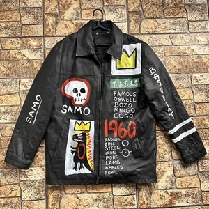 VINTAGE JEAN-MICHEL BASQUIAT ACRYLIC ON LEATHER JACKET PAINTING VERY RARE SIZE M - Picture 1 of 6