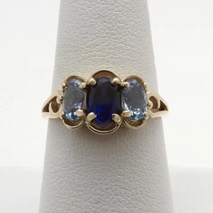 14k Gold 3 Stone Blue Cubic Zirconia Birthstone Ring sz8 New - Picture 1 of 8