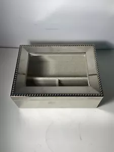 Vintage Pottery Barn Silvertone & Tan Linen Jewelry Box 8 in. - Picture 1 of 10