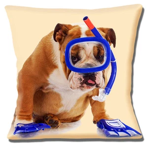 English Bulldog Adult Wearing Snorkel and Flippers 16"x16" 40cm Cushion Cover - Picture 1 of 3