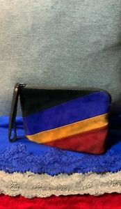 Patricia Nash Black Multi-Color Suede Zipper Purse Clutch Wallet Wristlet