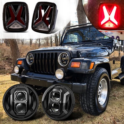 4PC COMBO For Jeep Wrangler TJ 1997-2006 7" LED Headlights Smoke LED Tail Lights - Image 1 of 4
