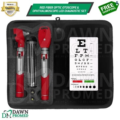 DAWNPROMED Fiber Optic Otoscope & Ophthalmoscope Examination LED Diagnostic ENT Set (Red)