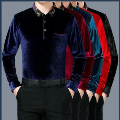 Mens Velvet T-Shirt Blouse Tops Long Sleeve Business Pullover Casual Formal Slim - Image 1 of 4