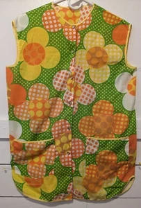 Vintage Druckknopf Schürze 70er Jahre orange grün Blumen Kittel Hausmantel fröhlich - Bild 1 von 9