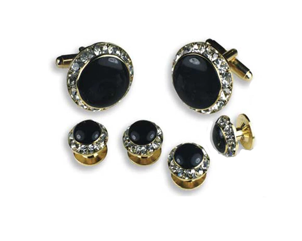 Crystal Bordered Tuxedo Cufflinks and Studs Trimmed in Gold or Silver - Imagem 1 de 1
