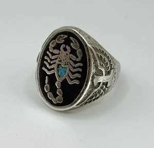 Bague vintage homme chevalière turquoise argent sterling 925 aigle scorpion taille 12,5 - Photo 1/8