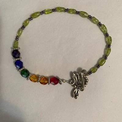 Peridot and Swarovski Crystal Beaded Bracelet with Silver Dragonfly Charm, 8 in - Image 1 of 4