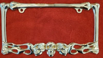 Vintage 3D Skulls, Bones, & Flames Chrome Metal License Plate Frame Car/Truck - Image 1 of 4