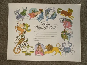 1970s Vintage Zodiac Baby Birth Certificate Shower Gift Customizable Wall Art - Picture 1 of 13