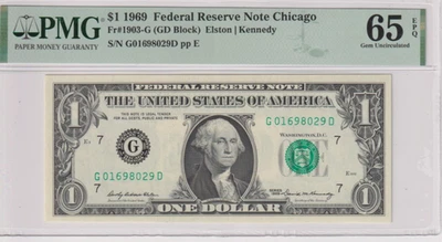 Fr 1903-G 1969 $1 FRN G01698029D PMG 65EPQ CHICAGO GEM CU GREEN SEAL - Image 1 of 2