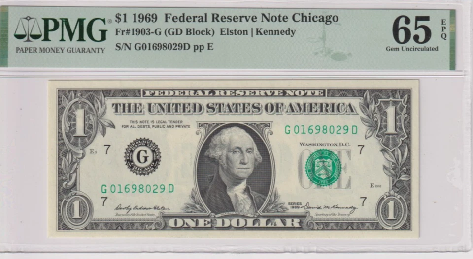 Fr 1903-G 1969 $1 FRN G01698029D PMG 65EPQ CHICAGO GEM CU GREEN SEAL - Image 1 of 2