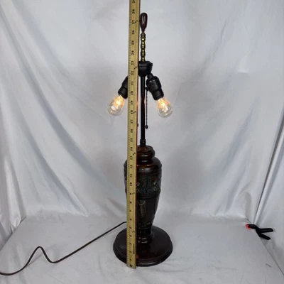 Large 28” Antique Bronze Japanese Cloissone Enamel Lamp 2 Bulbs EUC GORGEOUS! - Image 1 of 4