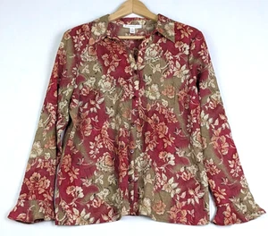 JM Collection Womens Blouse Size 14P Burgundy Sheer Floral Button Front Top - Picture 1 of 9