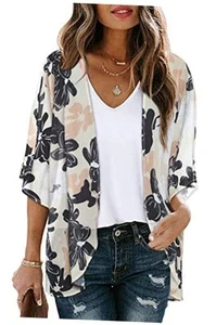 Women's Floral Print Puff Sleeve Kimono Cardigan Loose Cover Large Dasiy Khaki - Picture 1 of 5