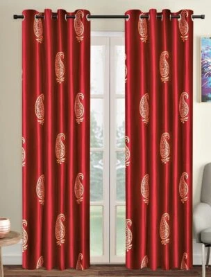 2 Pieces Hand Block Gold Paisley Eyelet Polyester Door Curtains 7Ft - Maroon - Image 1 of 4