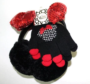Disney Girls' Minnie Mouse Ear Muffs Gloves Set Red Black Sequin Bling Bow NWT - Picture 1 of 4