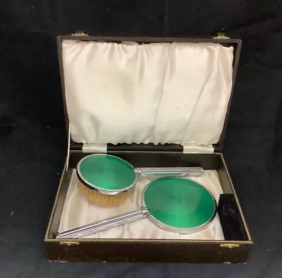 Vintage Green Engine Turned Hand Mirror And Brush, Metal, Cased. • 5.77€