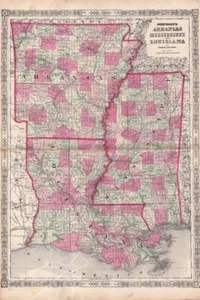 1864 JOHNSON FAMILY ATLAS-MAP OF ARKANSAS, MISSISSIPPI, LOUISIANA-HAND COLORED - Picture 1 of 1