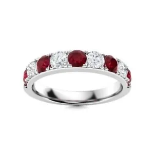 925 Sterling Silver Ruby Round Half Eternity Band Ring With Rhodium Plated - Picture 1 of 6