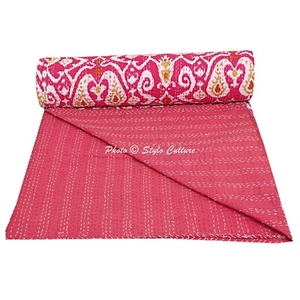 Indian Art Kantha Twin Quilt Handmade Bohemian Reversible Blanket Cotton Throw - Picture 1 of 5
