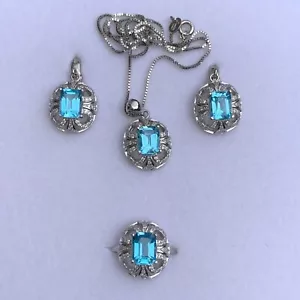 Natural Blue Topaz Complete Jewelry Set - Emerald Cut Gesmtones - Picture 1 of 11