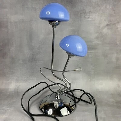 Lampe à poser vintage deux lumière petit champignon opaline bleu ovni style pop - Photo 1/4