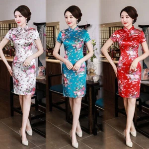 Chinese Traditional Cheongsam Womens Silk Satin Mini Dress Prom Qipao Size S-6XL - Picture 1 of 16