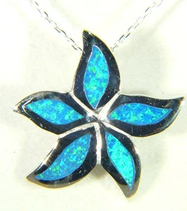 BUTW Sterling Blue Gilson Opal Inlay Flower Pendant w/ Sterling Chain 8900D - Picture 1 of 4