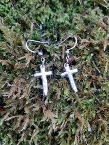 Cross Pendant Earrings - Stainless Steel Hooks - Pewter Pendants - Picture 1 of 2