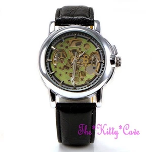 Automatico Meccanico Scheletro Steampunk Insolito Verde e Argento Pelle Orologio - Imagen 1 de 12